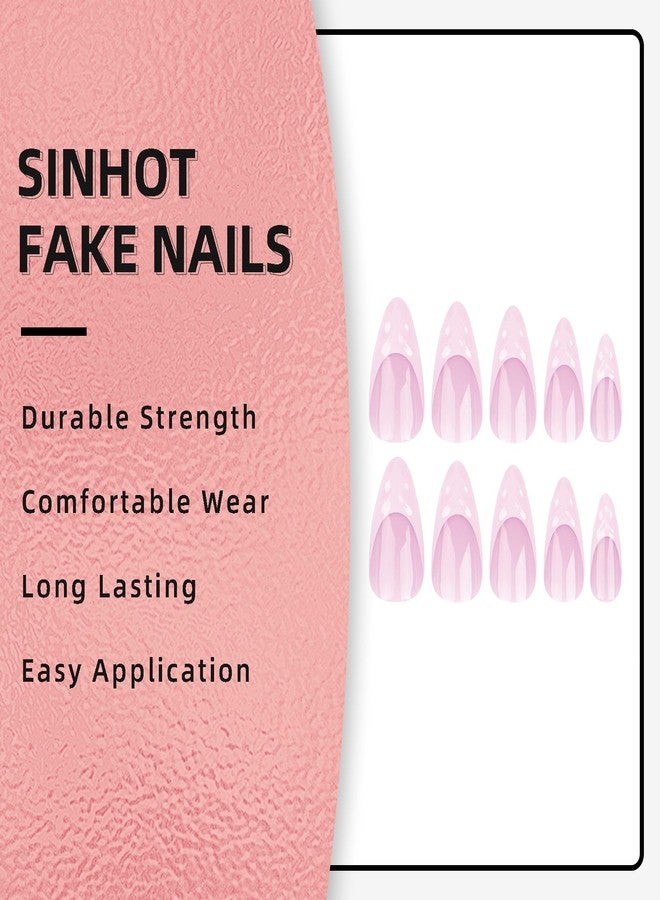 SINHOT Stiletto Press on Nails Long Fake Nails Pink Acrylic Nails Glossy Glue on Nails 3D Swirl Almond Artificial Nails Stick on French Tip False Nails with Design 24 pcs - Image 4